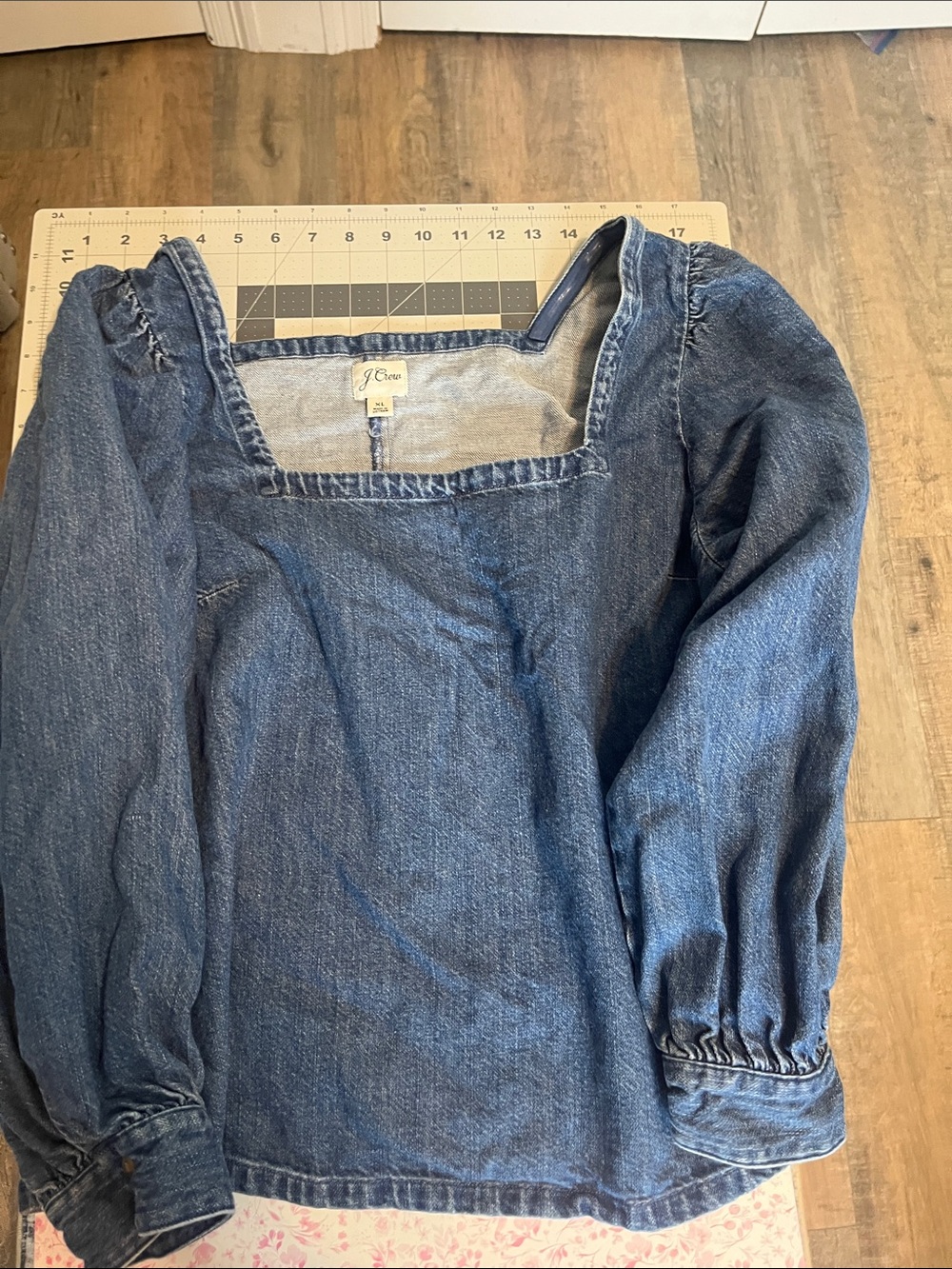 J. Crew Blue Denim Square-Neck Puff Sleeve Top